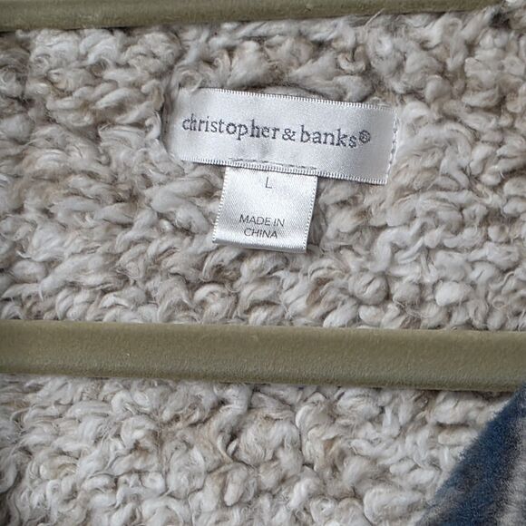 Christopher & Banks Plaid Vest Size Large Plaid Blue Brown Sherpa Lined Snaps - Picture 7 of 10